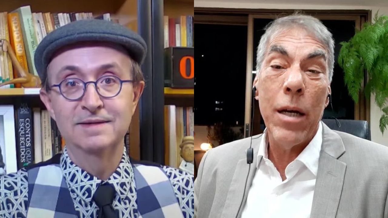 Montagem de fotos de Reinaldo Azevedo e Demétrio Magnoli
