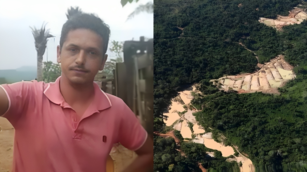 Montagem de fotos de Daniel de Oliveira Araújo e terra indígena vista de cima