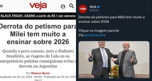 Montagem de prints de matéria da Veja no site e no Twitter
