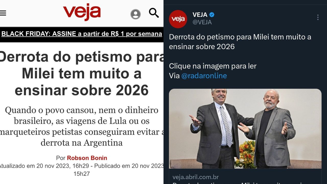 Montagem de prints de matéria da Veja no site e no Twitter
