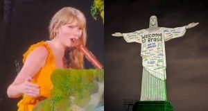 Montagem de fotos de Taylor Swift e Cristo Redentor com homenagem