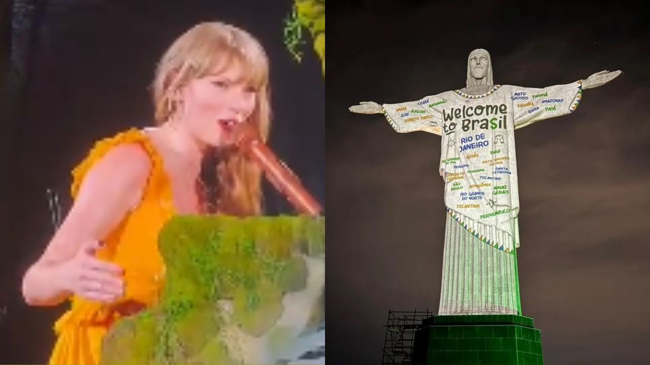 Montagem de fotos de Taylor Swift e Cristo Redentor com homenagem
