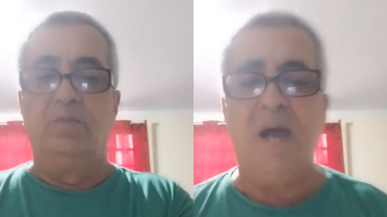 Montagem de fotos de bolsonarista de camisa verde falando para a câmera