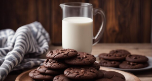 Biscoitos e chocolates em mesa com jarra de leite