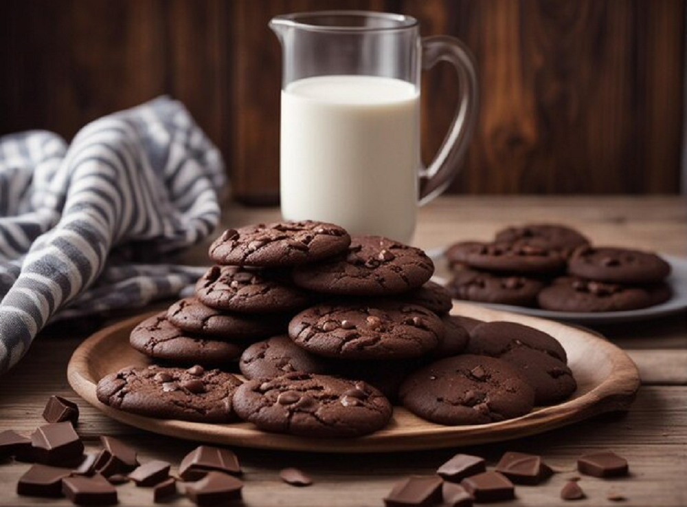 Biscoitos e chocolates em mesa com jarra de leite