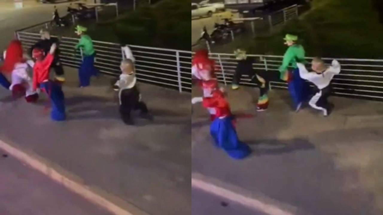 Montagem de fotos de membros de Carreta Furacão brigando