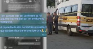 Montagem de fotos de print de mensagens e van cercada por policiais