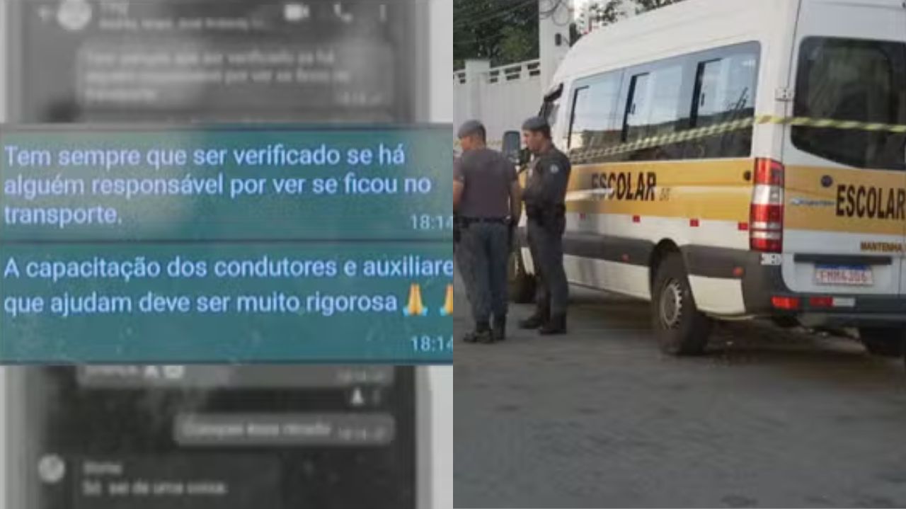 Montagem de fotos de print de mensagens e van cercada por policiais
