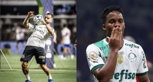 Montagem de fotos de jogadores do Santos e do Palmeiras