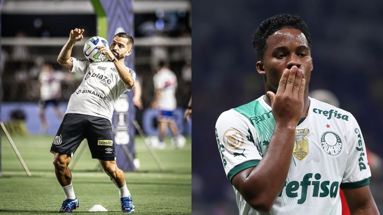 Montagem de fotos de jogadores do Santos e do Palmeiras