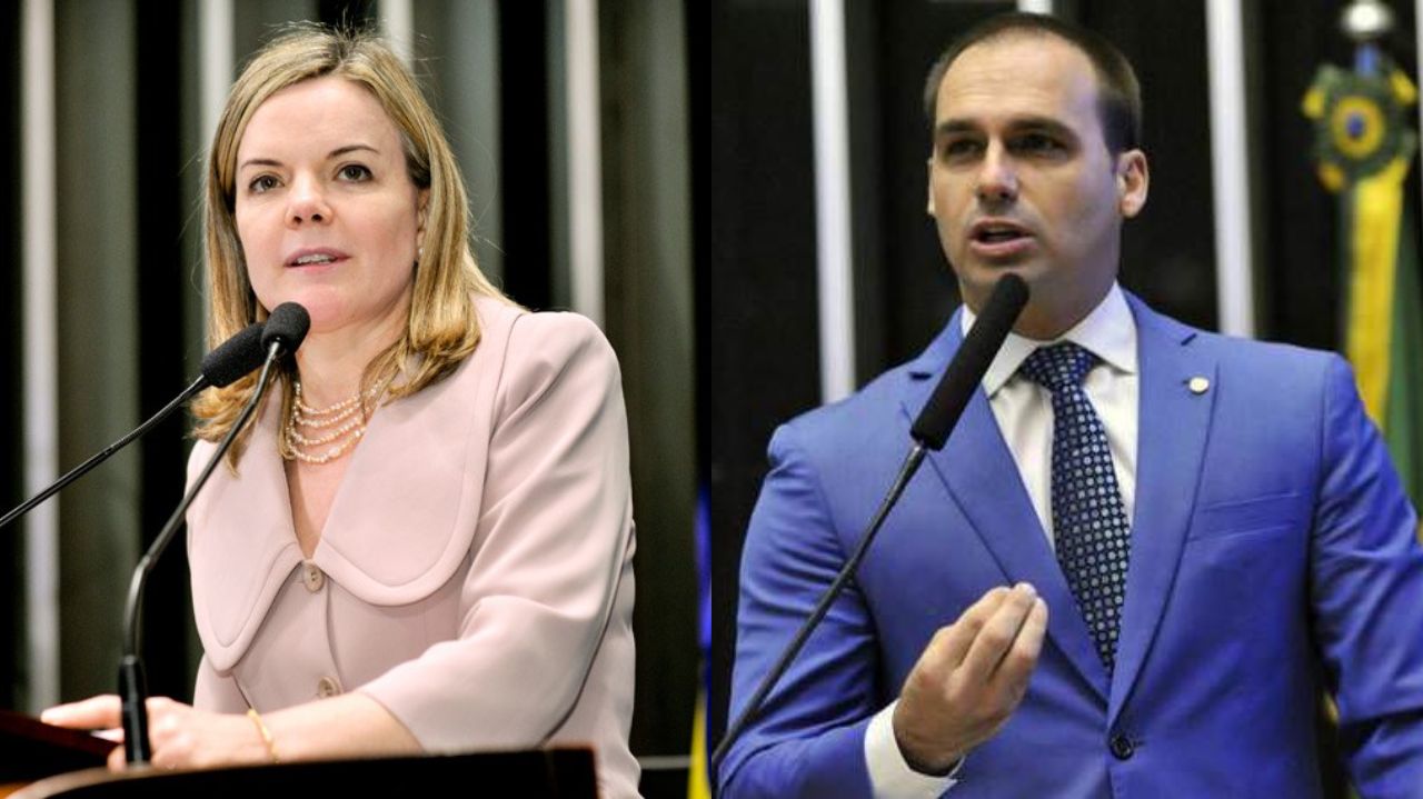 Montagem de fotos de Gleisi Hoffmann e Eduardo Bolsonaro, ambos falando
