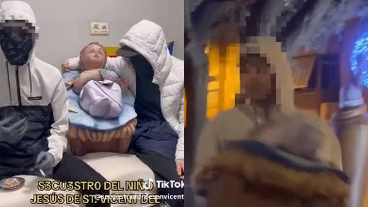Montagem de fotos de sequestro de menino Jesus de presépio