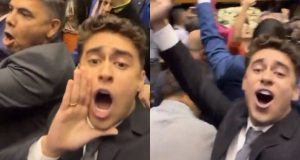 Montagem de fotos de Nikolas Ferreira gritando em meio a multidão