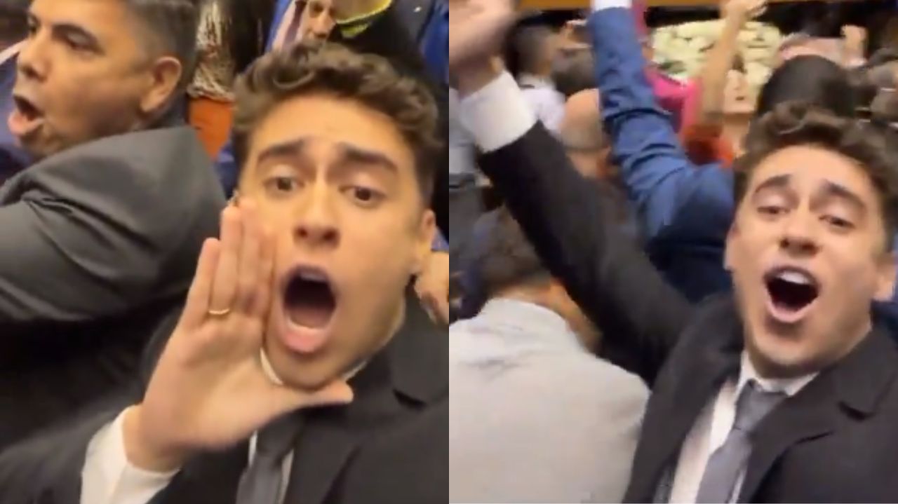 Montagem de fotos de Nikolas Ferreira gritando em meio a multidão