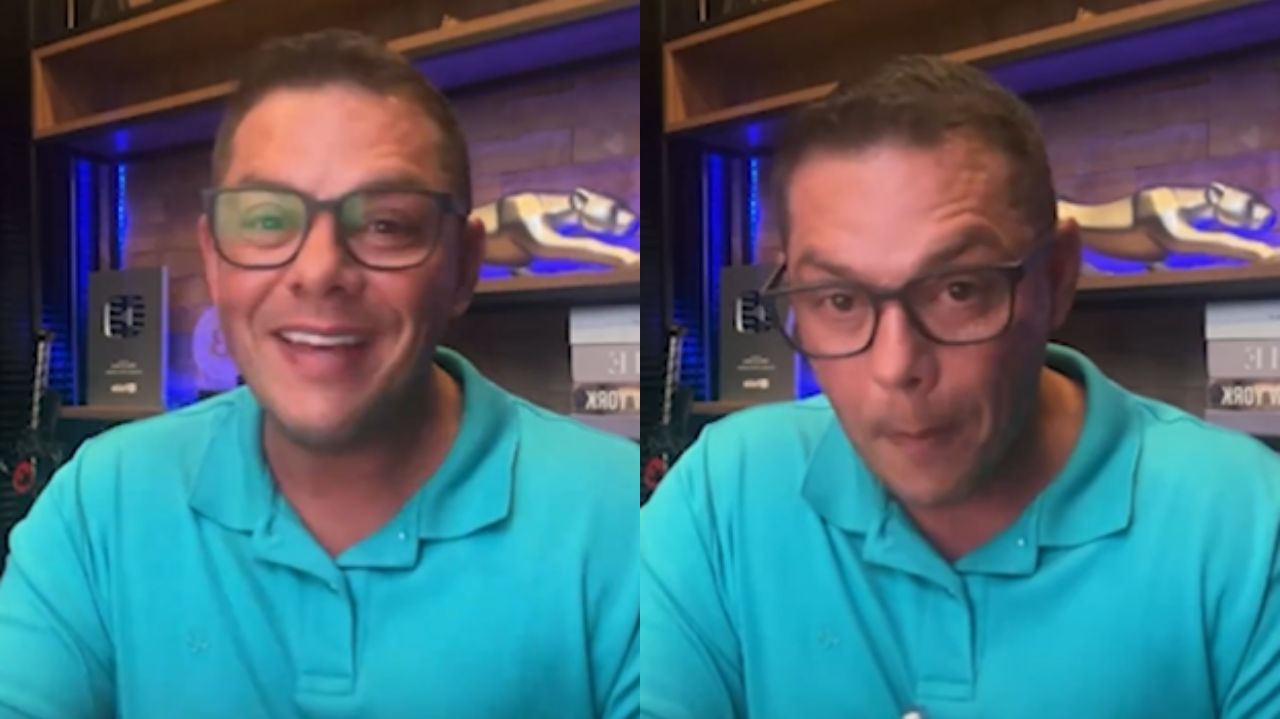 Montagem de fotos de Evandro Guedes de roupa azul, falando para a câmera