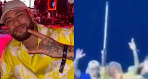 Montagem de fotos de Neymar posando e curtindo festa