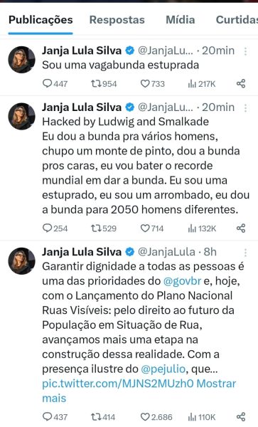 Print de conta de Janja hackeada