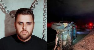 Montagem de fotos de Zé Neto posando e carro capotado