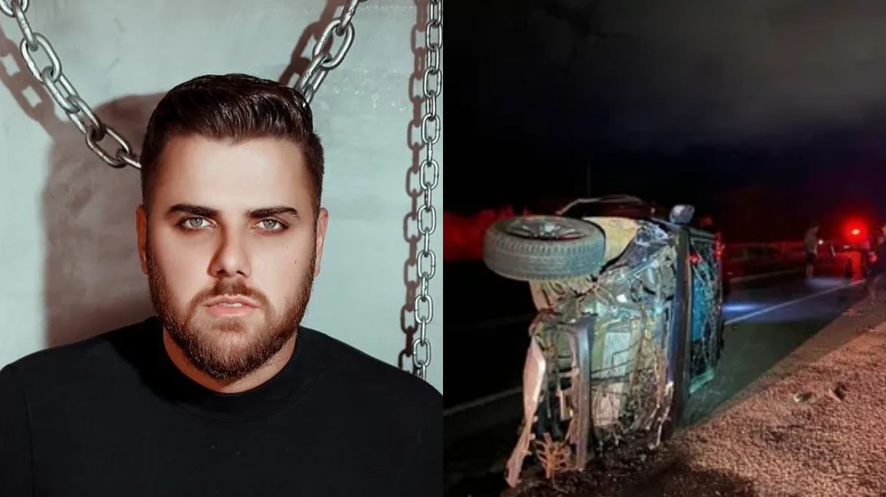 Montagem de fotos de Zé Neto posando e carro capotado