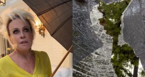 Montagem de fotos de Ana Maria Braga e vidro quebrado
