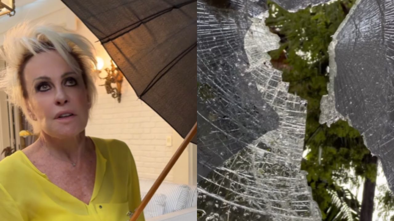 Montagem de fotos de Ana Maria Braga e vidro quebrado