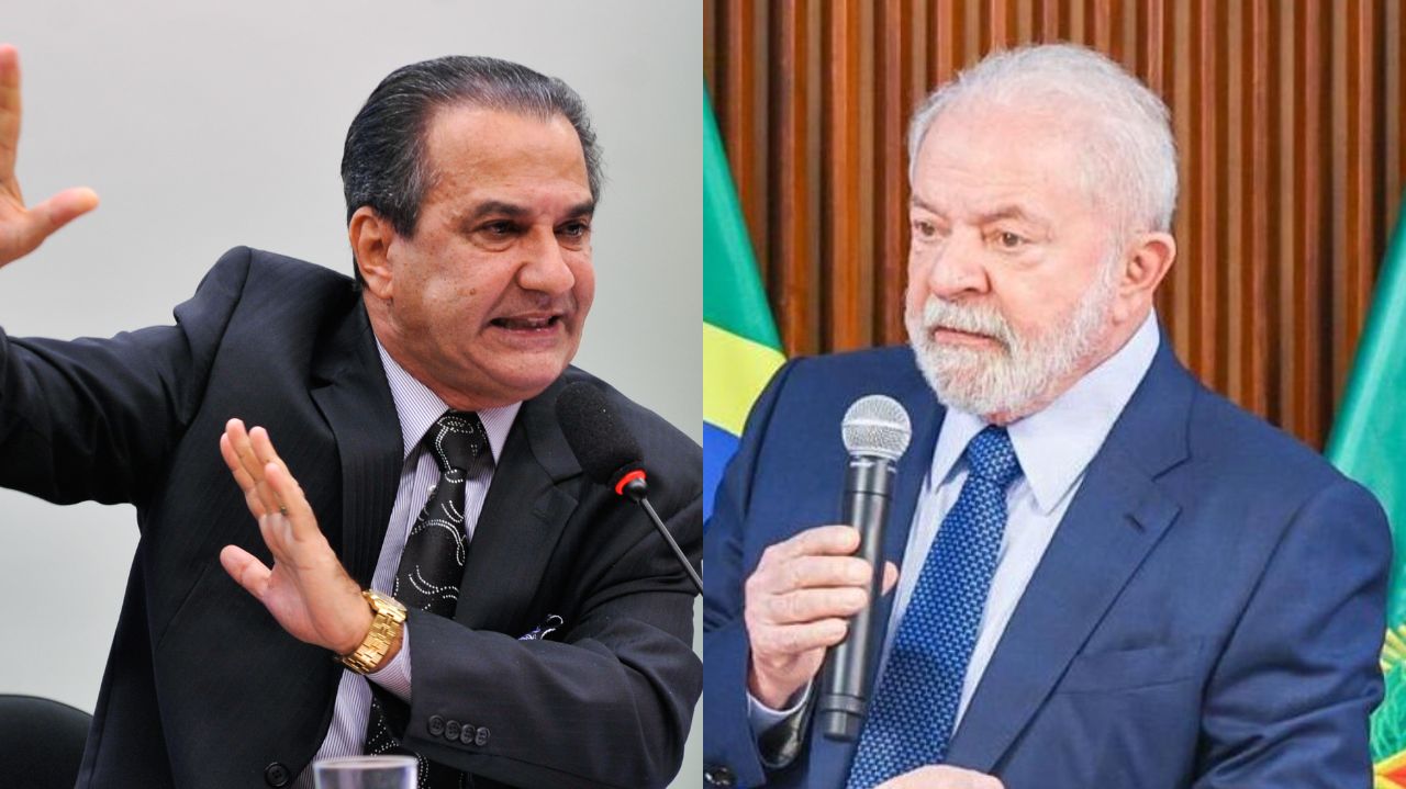 Montagem de fotos de Silas Malafaia e Lula, ambos sérios