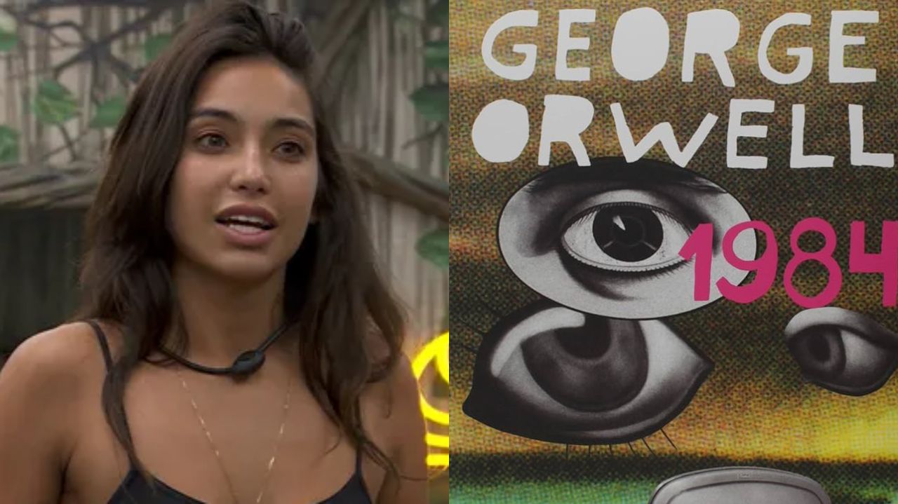Montagem de fotos de Vanessa Lopes e capa de livro 1984