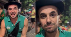 Montagem de fotos de Daniel Erthal de roupa verde, falando pra câmera