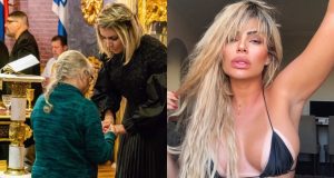 Montagem de fotos de Ana Akiva com fiel na igreja e posando de biquíni