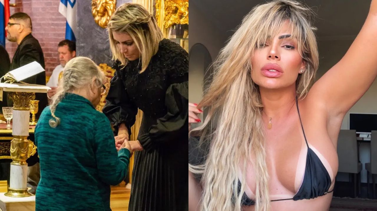 Montagem de fotos de Ana Akiva com fiel na igreja e posando de biquíni