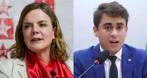 Montagem de fotos de Gleisi Hoffmann e Nikolas Ferreira