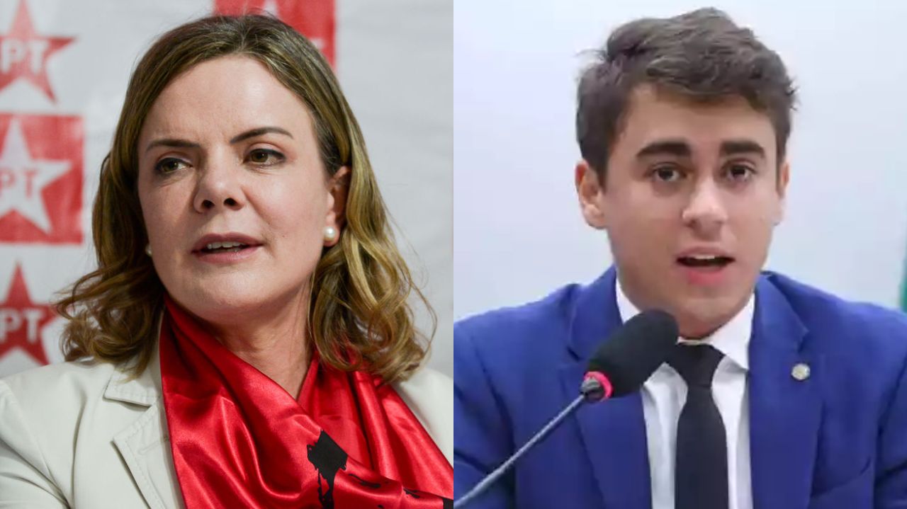 Montagem de fotos de Gleisi Hoffmann e Nikolas Ferreira
