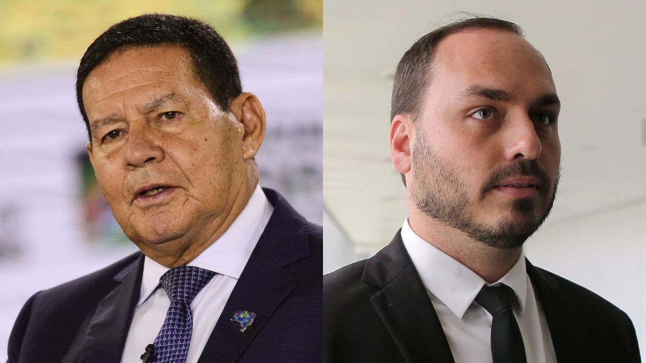 Montagem de fotos de Hamilton Mourão e Carlos Bolsonaro