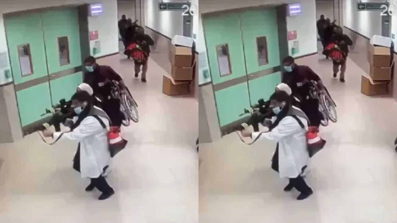 Militar vestido de médico em hospital, montagem de duas fotos iguais