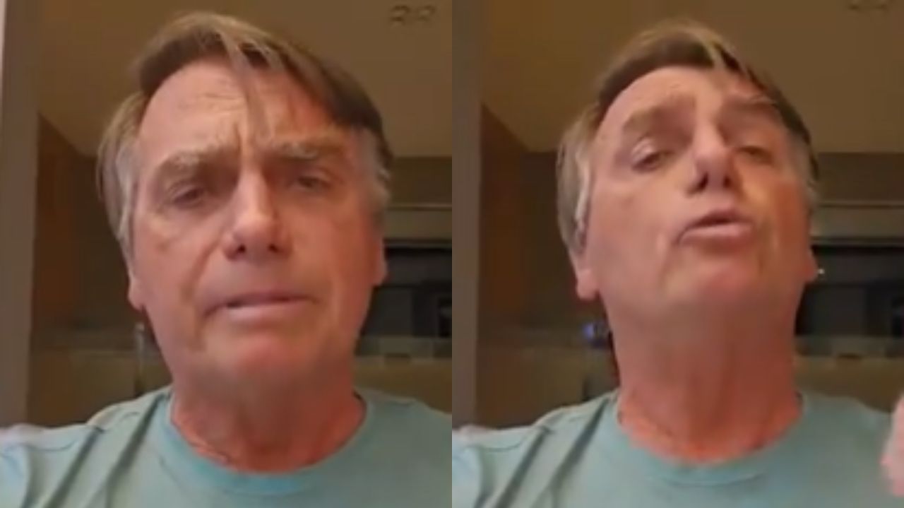 Montagem de fotos de Jair Bolsonaro de camiseta verde falando para a câmera