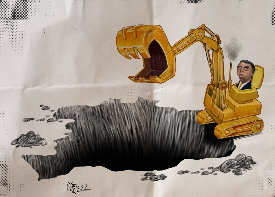 Charge do que seria Jair Bolsonaro em uma escavadeira amarela
