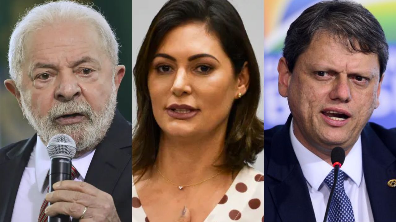Montagem de fotos de Lula, Michelle Bolsonaro e Tarcísio de Freitas
