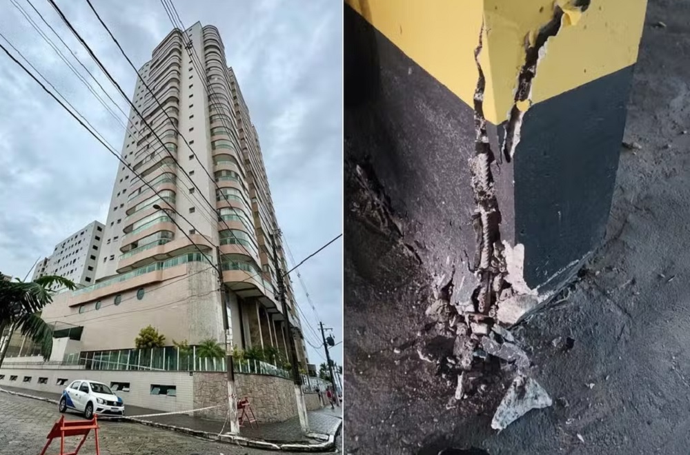 Montagem de fotos de edifício e vigas rachadas