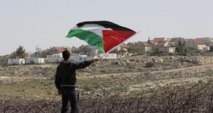 Garoto de costas com bandeira da Palestina