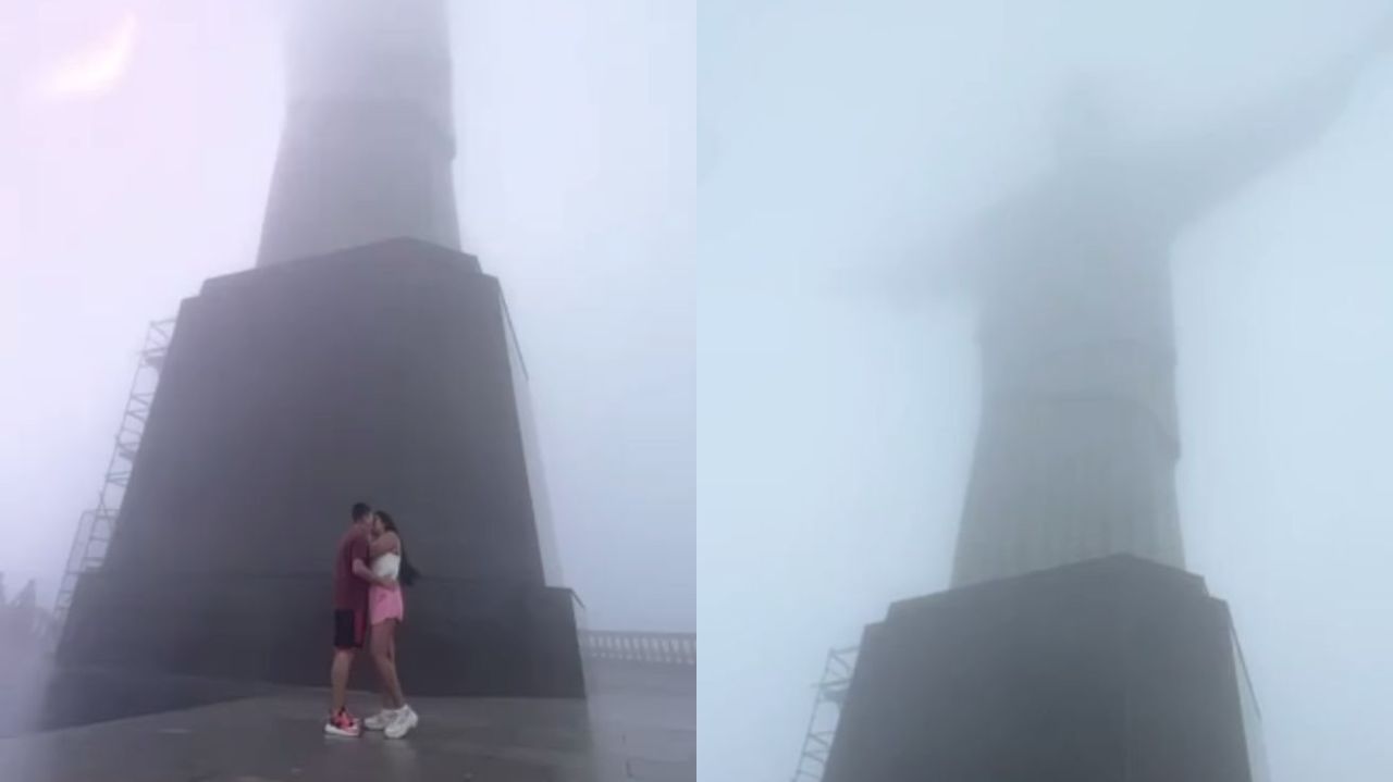 Montagem de fotos de casal no Cristo Redentor em dia que raio atingiu monumento