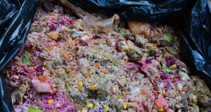 Alimentos misturados em saco de lixo preto