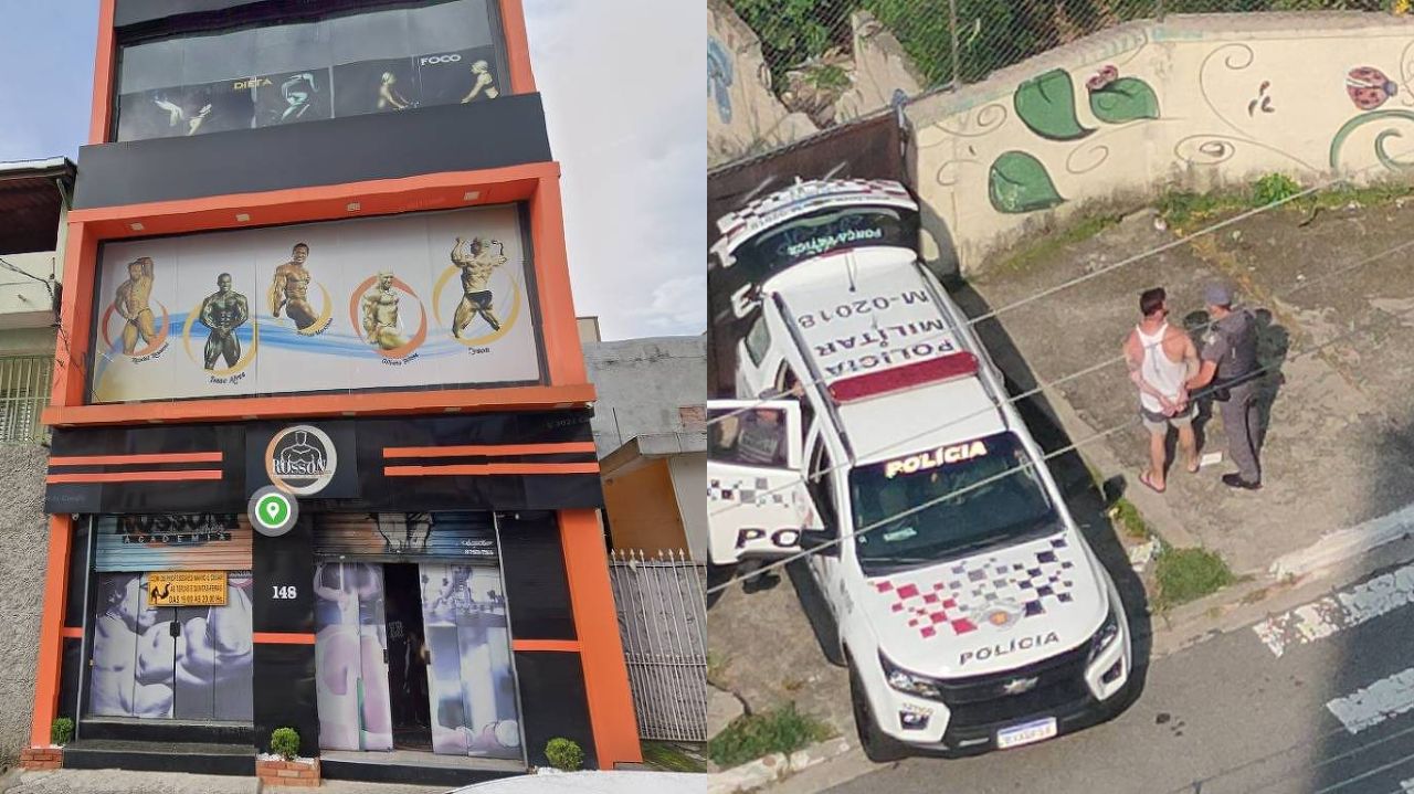 Montagem de fotos de fachada de academia e empresário sendo detido perto de carro da polícia