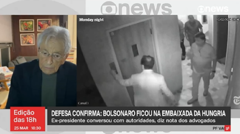 Print do Edição das 18h da GloboNews, com tela dividida entre Gabeira e vídeo de Bolsonaro