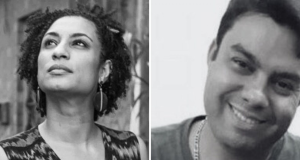 Montagem de fotos de Marielle Franco e Anderson Gomes em preto e branco
