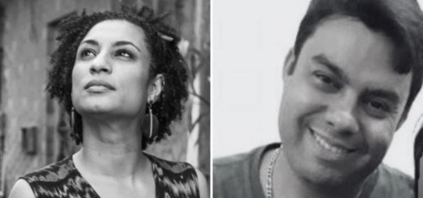 Montagem de fotos de Marielle Franco e Anderson Gomes em preto e branco