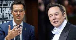 Montagem de fotos de Deltan Dallagnol sério e Elon Musk sorrindo
