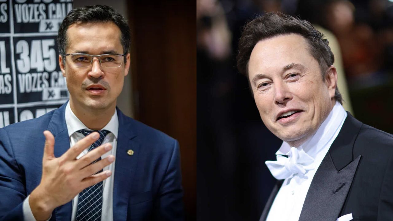 Montagem de fotos de Deltan Dallagnol sério e Elon Musk sorrindo