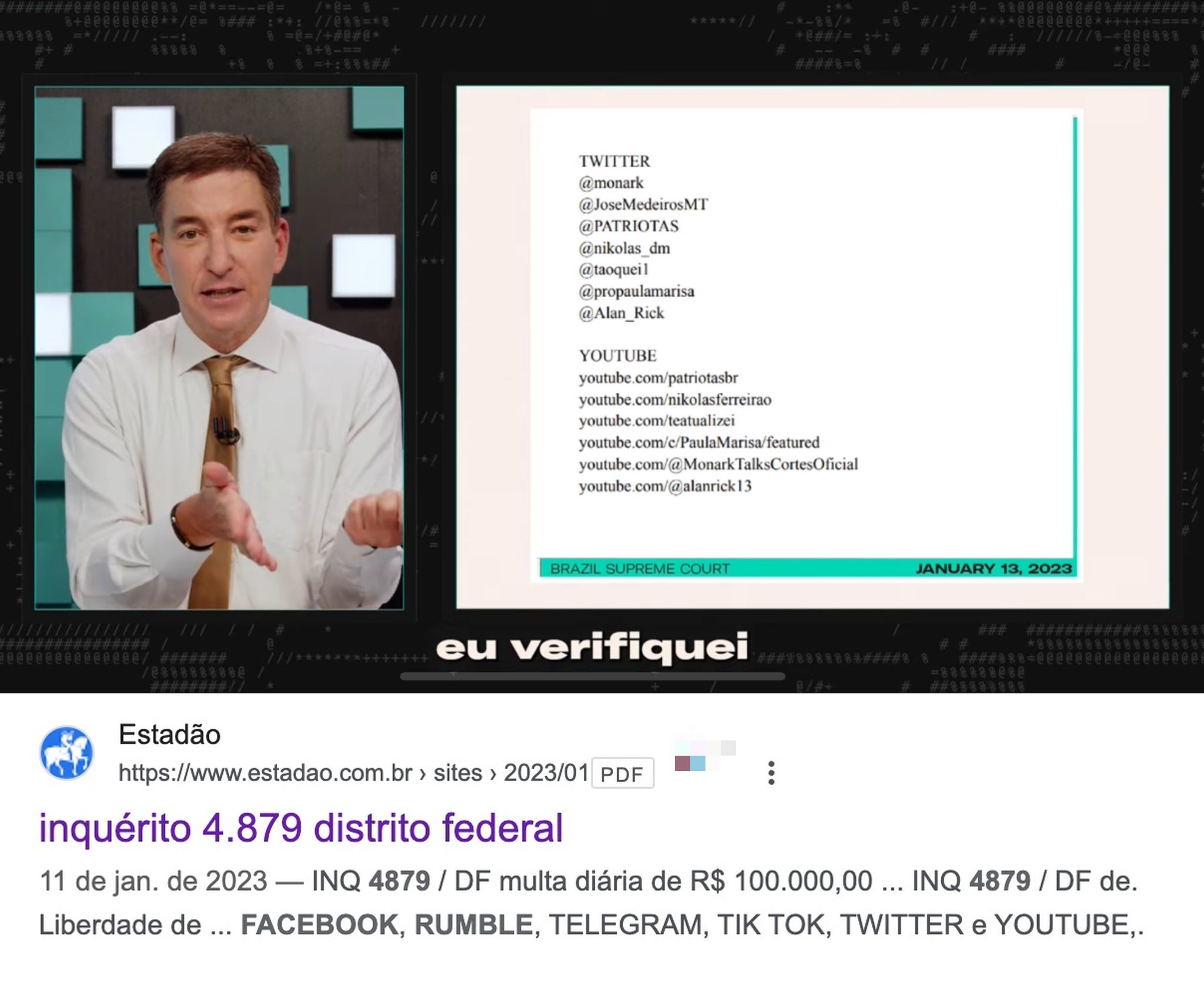 Glenn repete o Estadão mais de um ano depois para atacar Moraes e a esquerda. Foto: Reprodução/YouTube