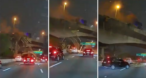 Montagem de três fotos de momento em que caminhão tombou em viaduto, derrubando pedaços de madeira