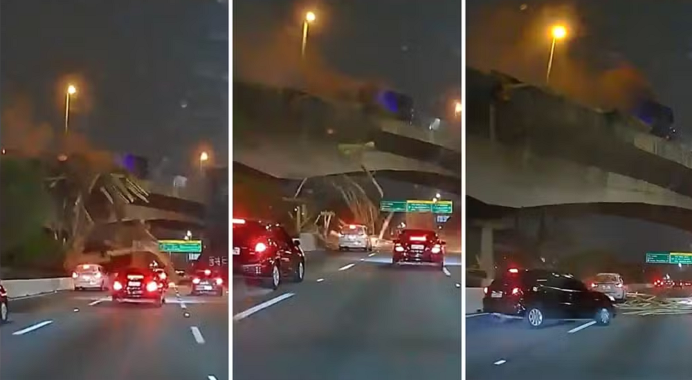 Montagem de três fotos de momento em que caminhão tombou em viaduto, derrubando pedaços de madeira